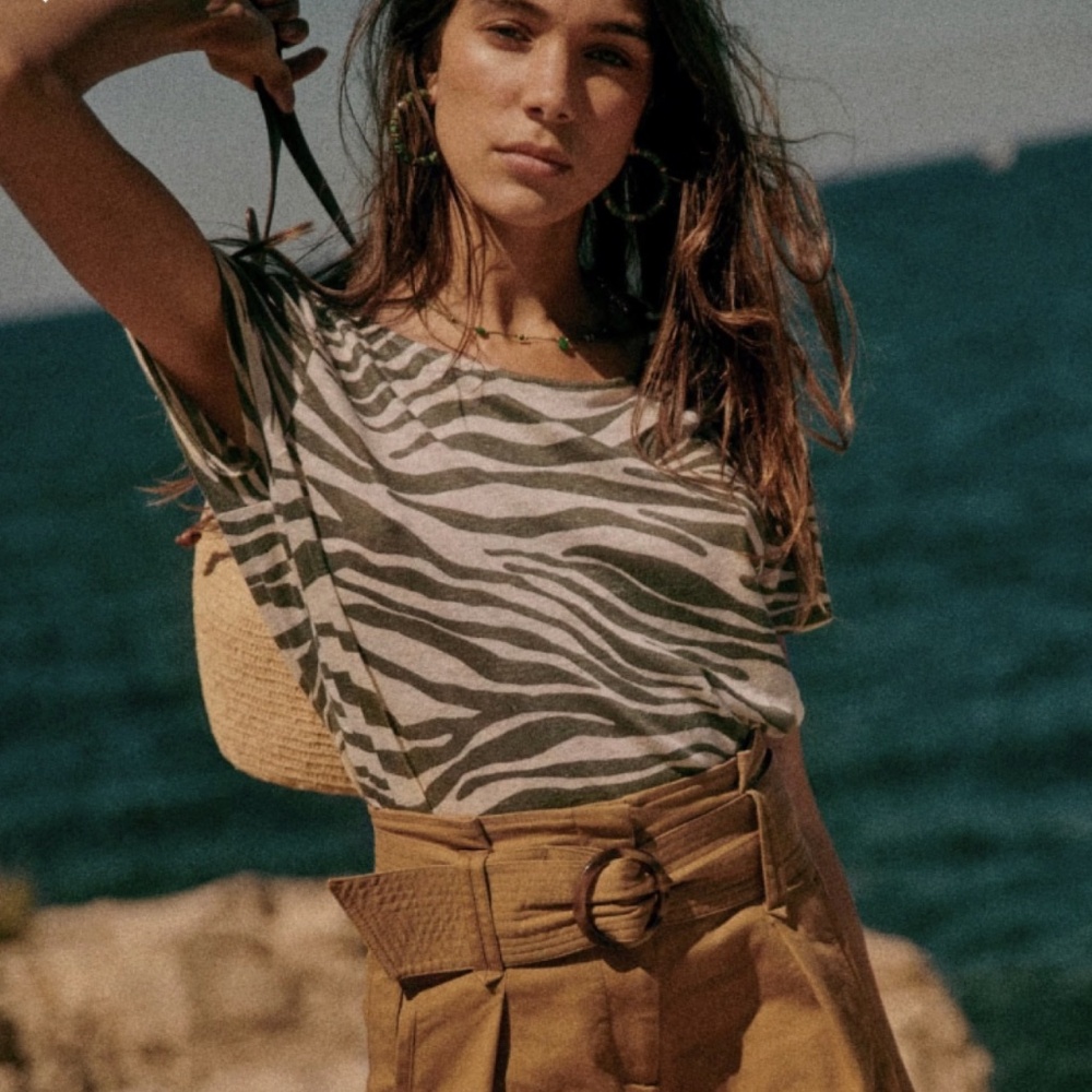 Sezane André T-shirt Zèbre Écru / Kaki - Size M